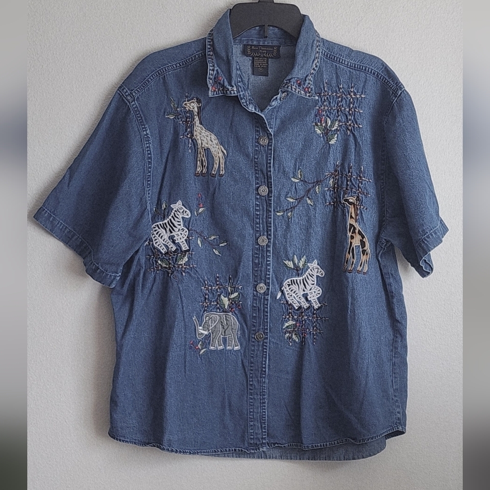 New Directions Women's Plus Size Animal Embroidered Denim Shirt Button Sz 2X